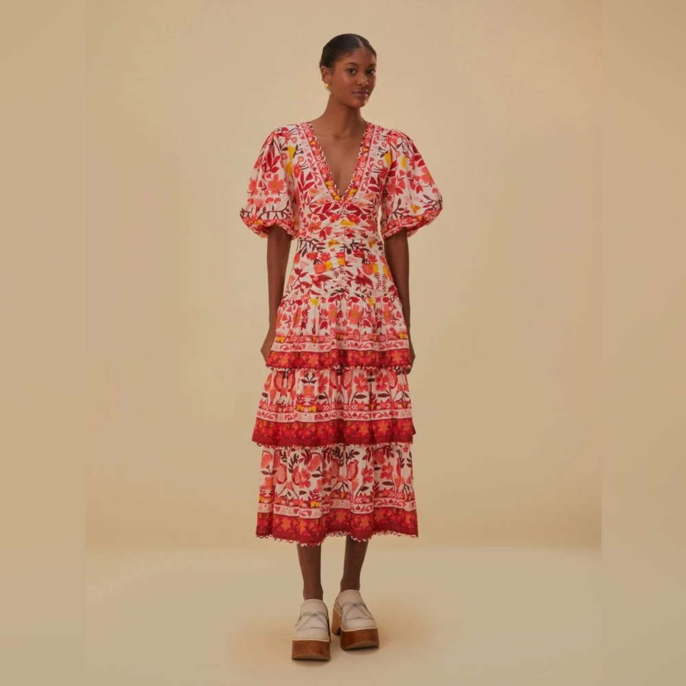 Farm Rio Off-White Romantic Orchard Short Sleeve Midi Dress Size XS Extra Small